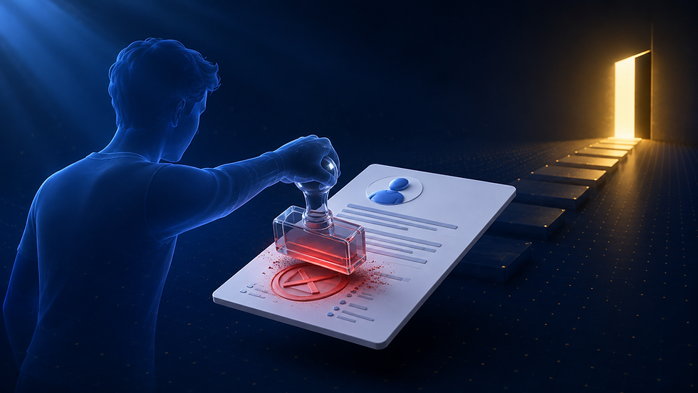 Illustration of a person pressing a rejected stamp onto their own resume with a glowing doorway just beyond, representing rejecting yourself before an employer does.