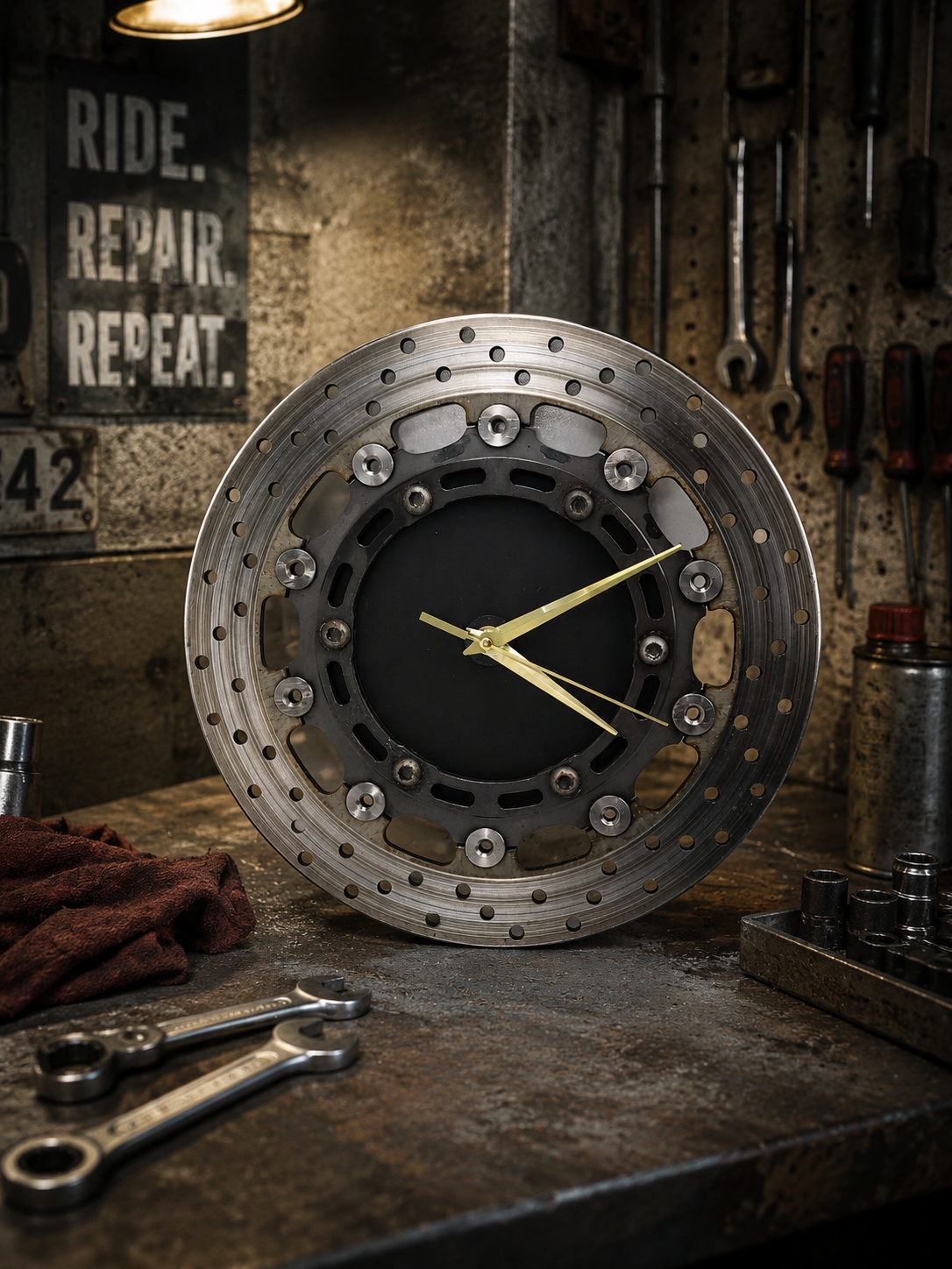 Wanduhr Motorrad Bremsscheibe Black- Gold 3