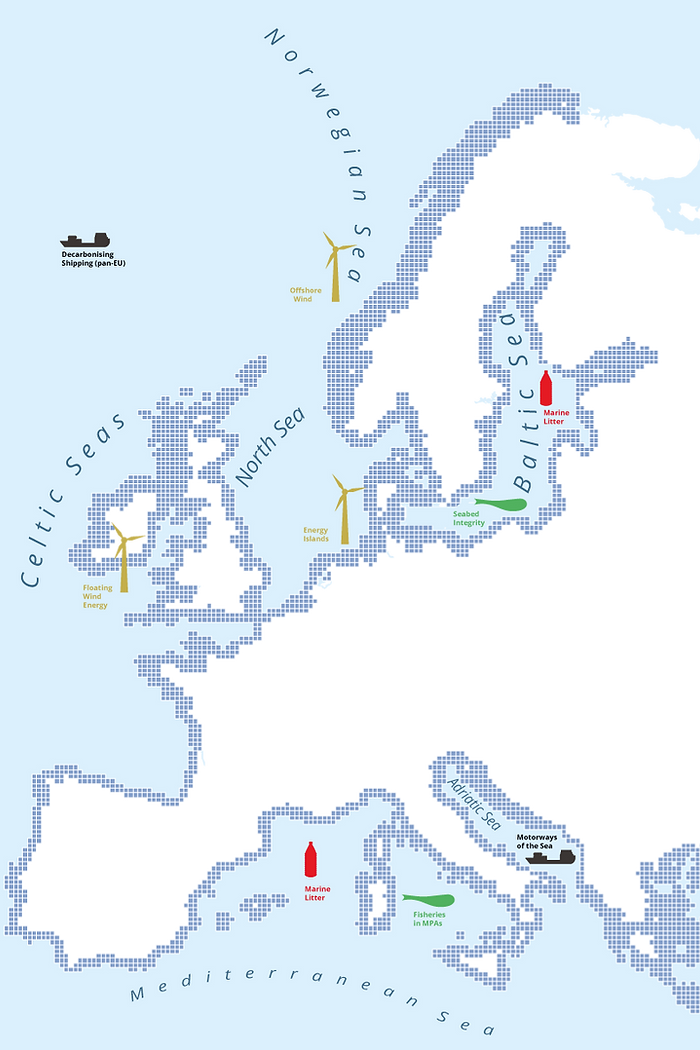 PERMAGOV case studies: decarbonising shipping, floating wind energy in the Celctic Sea, offshore wind, energy islands Denmark, marine litter in the Baltic Sea, seabed integrity in the Baltic Sea, marine plastics, sustainable fisheries in Italian marine protected areas, motorways of the sea in the Adriatic Sea