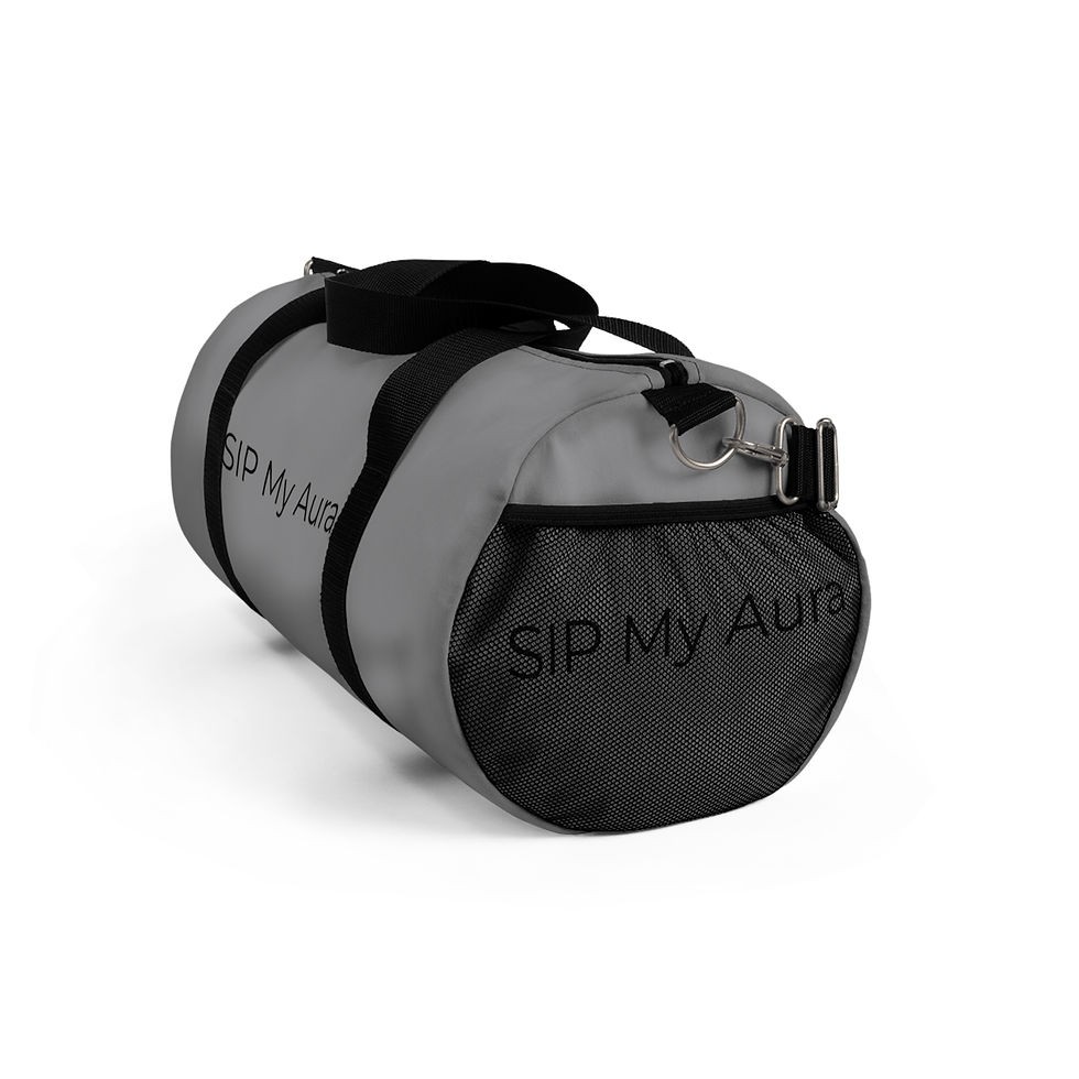 Thumbnail: "Sip My Aura" Gray Duffel Bag, Gym Bag, Travel Bag, Quote Bag, Unisex 