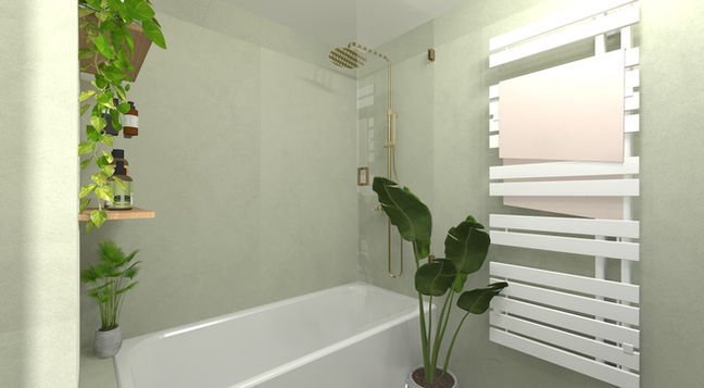 Salle de bain aménagement vert chaleureux