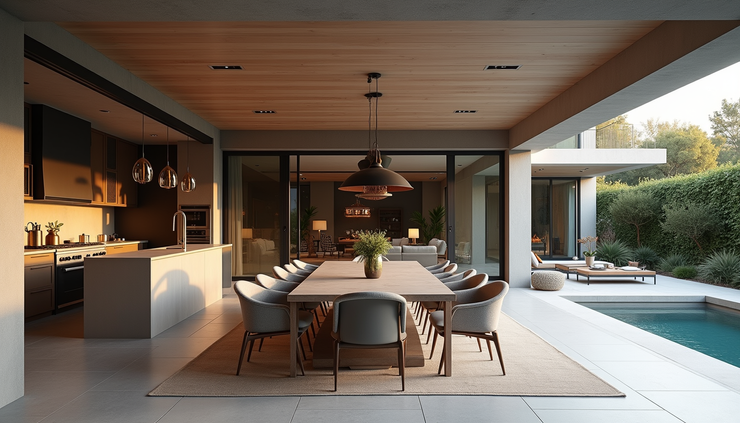 Wide angle view of a luxury backyard with a fully equipped outdoor kitchen and dining table