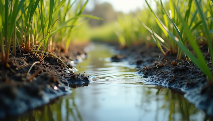 Eye-level view of a natural wetland area with water flowing into the ground