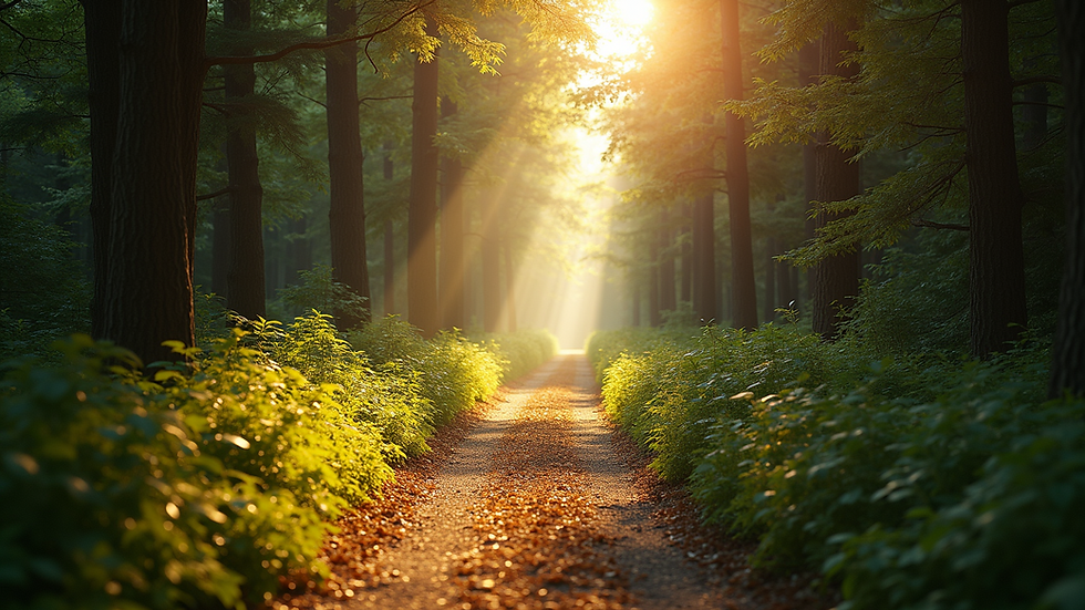 High angle view of a sunlit path through a serene forest