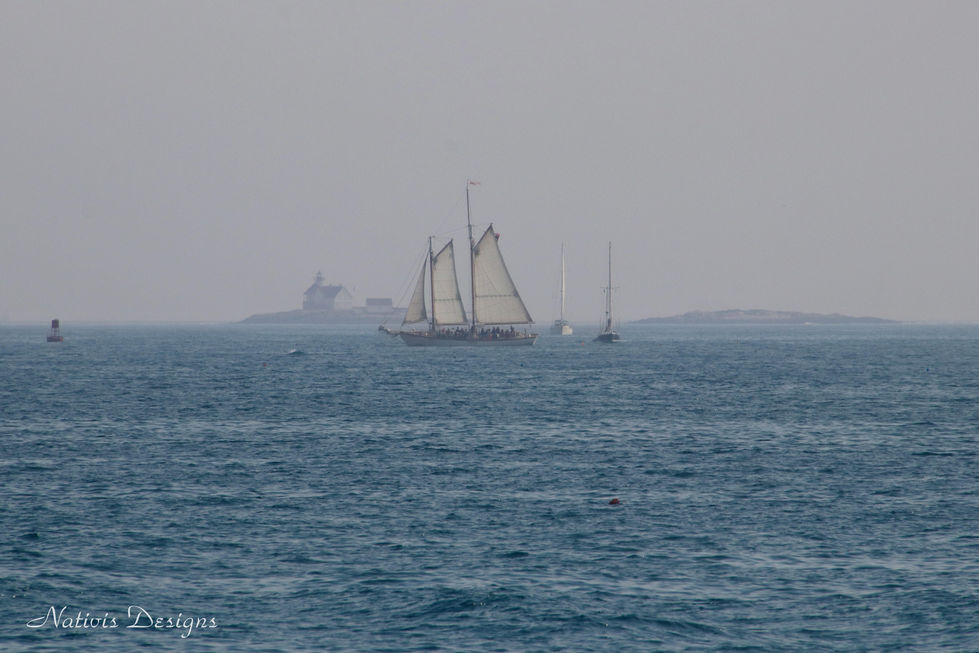 fog blankets the bay as a charter boat sails by the distant lighthouse