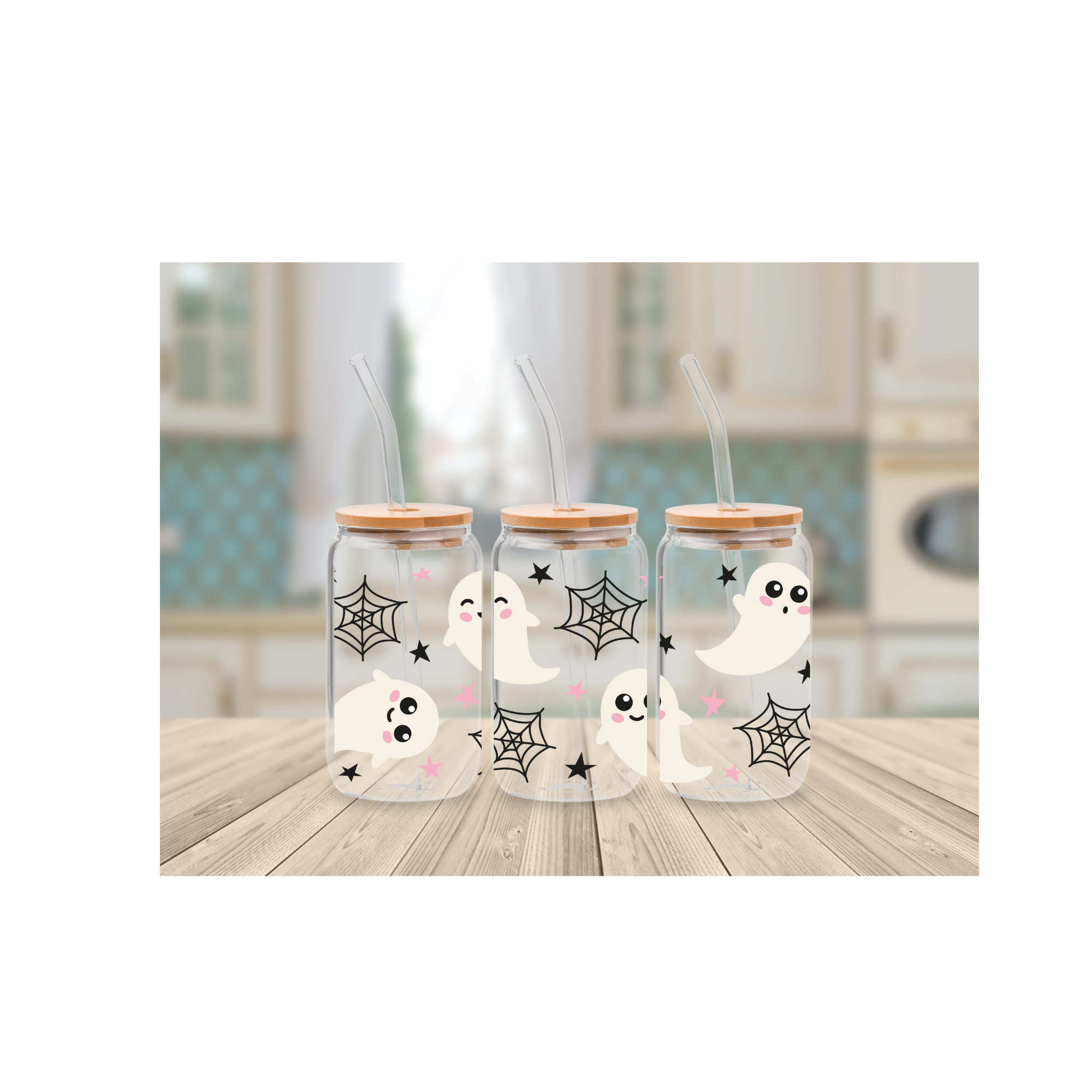 Ghost glass tumbler with plastic straw