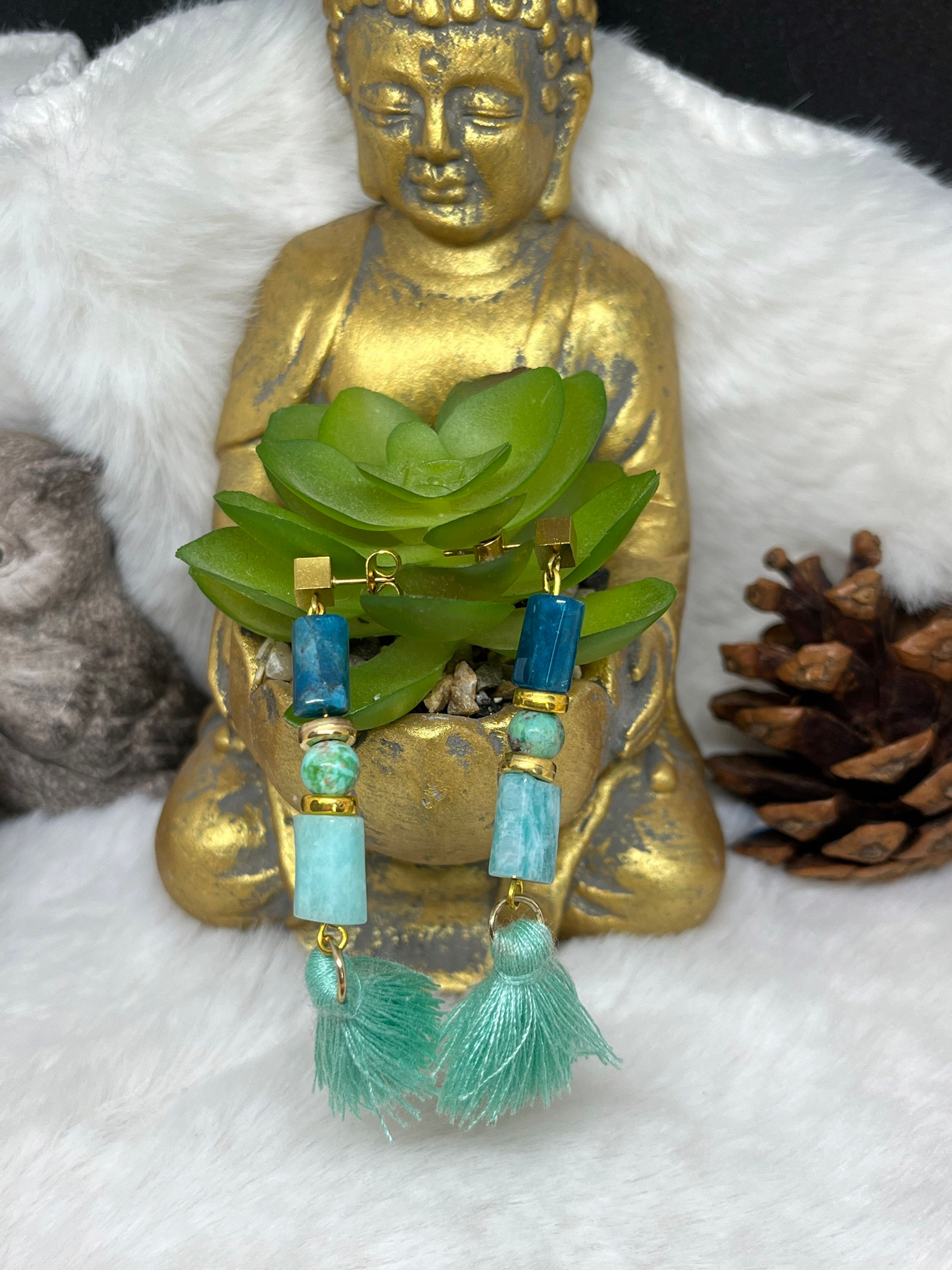 Boucles d’oreilles Apatite,  Chrysocolle & Amazonite