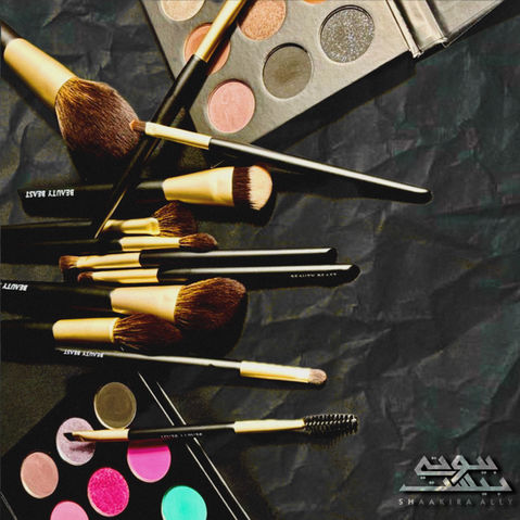 Luxurious Beauty Beast SAE makeup collection featuring eye shadow palettes & elegant makeup brushes. Subtly watermarked with the Beauty Beast Logo, exuding refinement and glamour