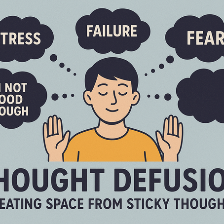Mindfulness illustration of thought defusion separating from negative thoughts.