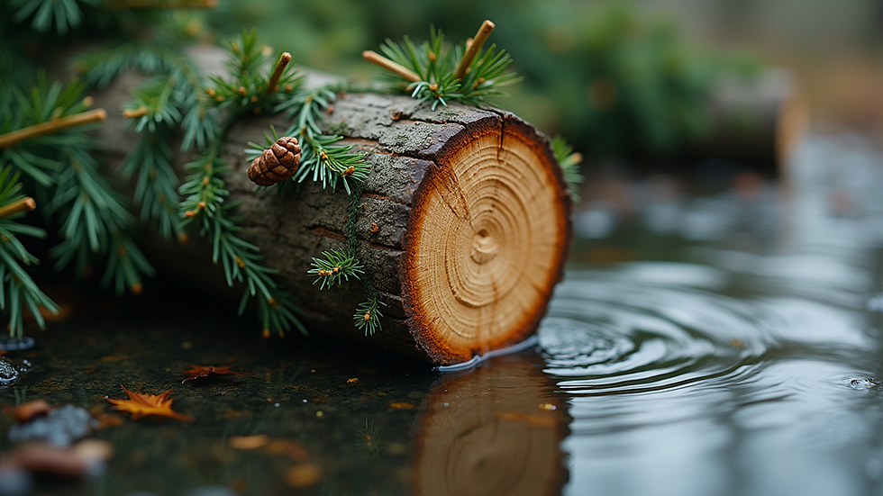 Eye-level view of a freshly cut Christmas tree trunk in a water-filled stand