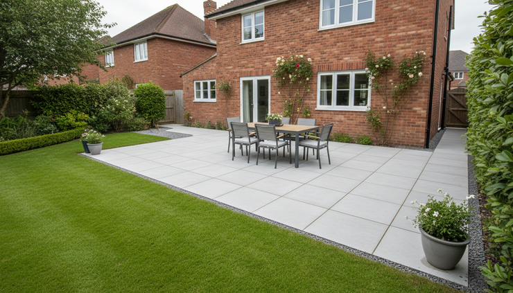 Wide-angle view of a modern porcelain patio beside a lawn in a suburban garden.