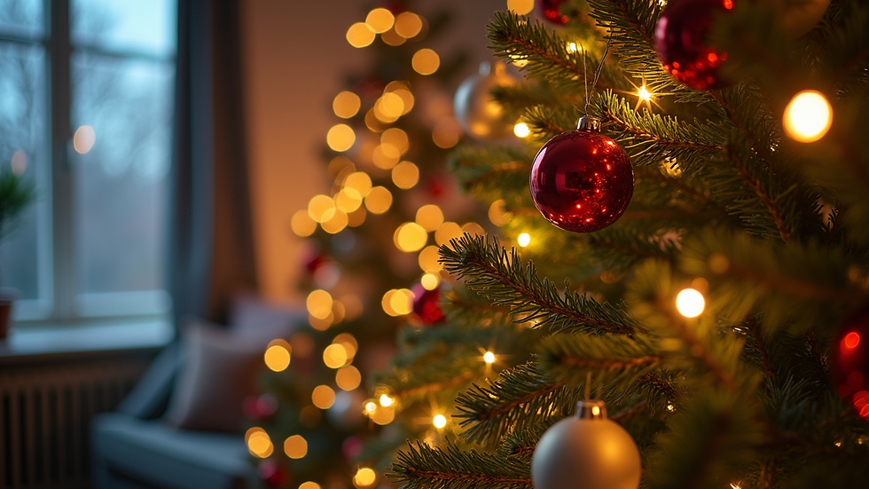 High angle view of a decorated Christmas tree with LED lights in a Sale home