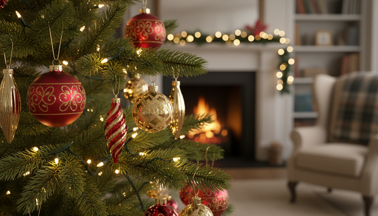 Close-up view of green Christmas tree branches holding glass baubles and warm lights.