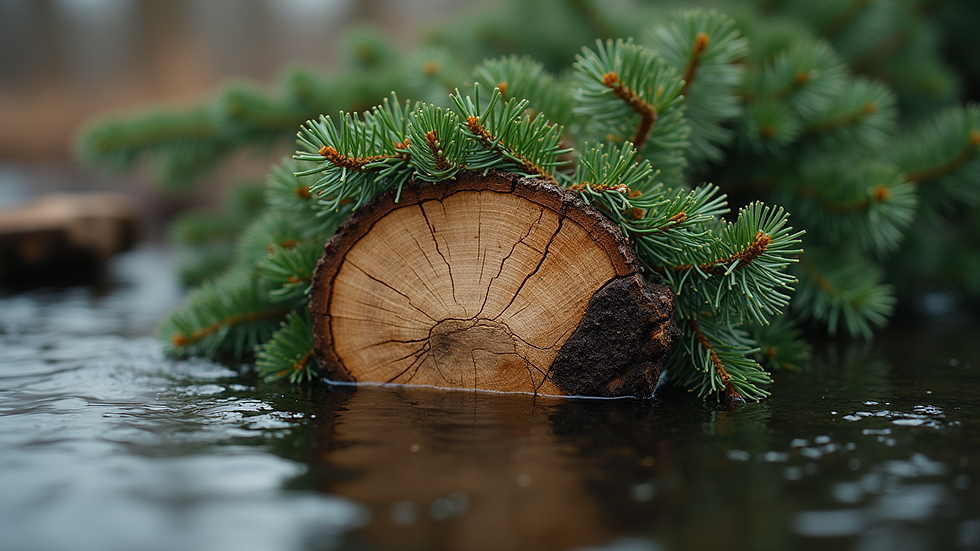 Eye-level view of a freshly cut Christmas tree trunk in a water-filled stand