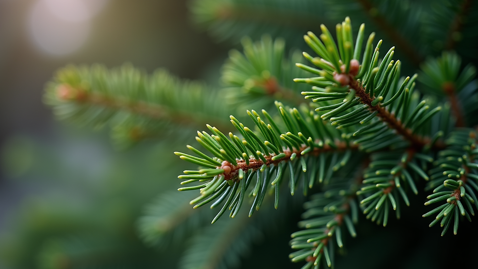 Close-up view of a fresh Nordmann Fir Christmas tree branch with green needles