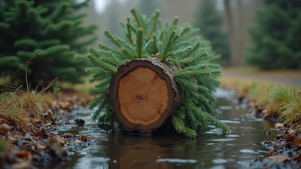 Eye-level view of a freshly cut Christmas tree trunk in a water-filled stand