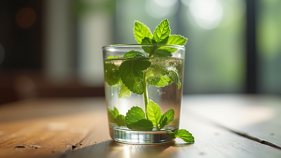 Augenblickaufnahme eines Wasserglases mit frischen Minzblättern auf einem Holztisch