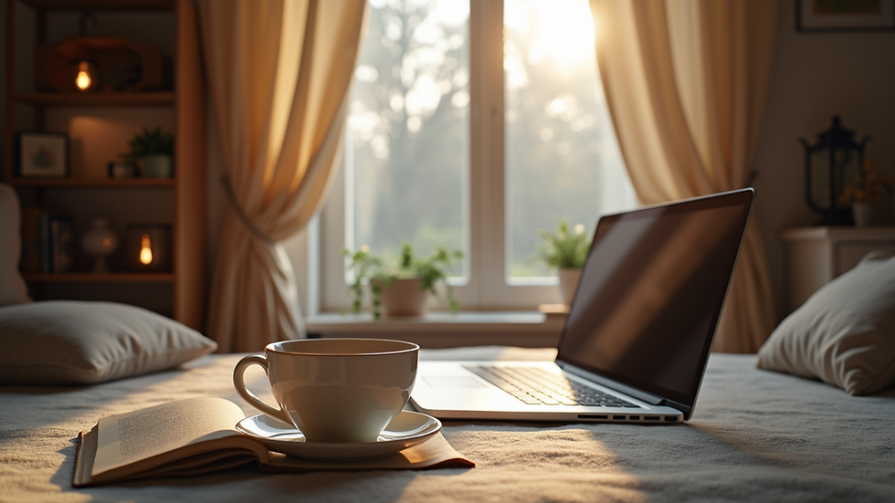 Eye-level view of a cozy reading nook with a laptop and a cup of tea