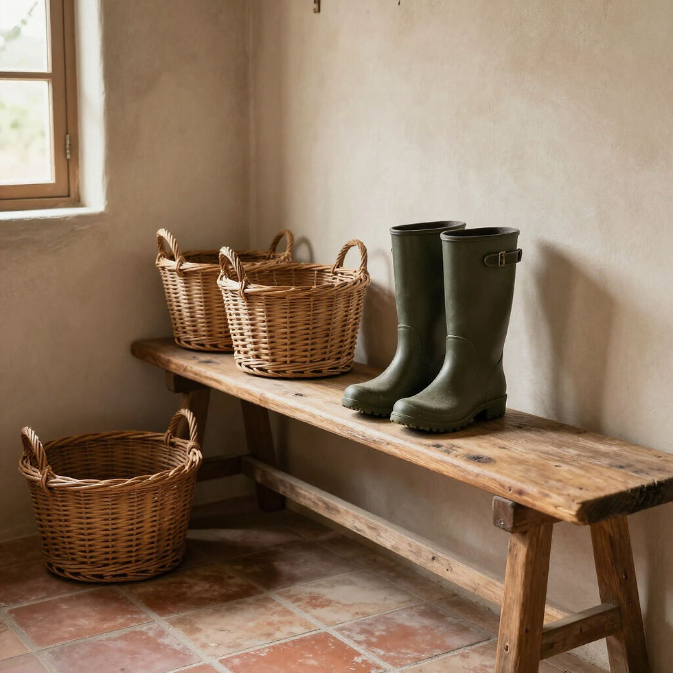 Green wellington boots and wicker baskets on a wooden bench