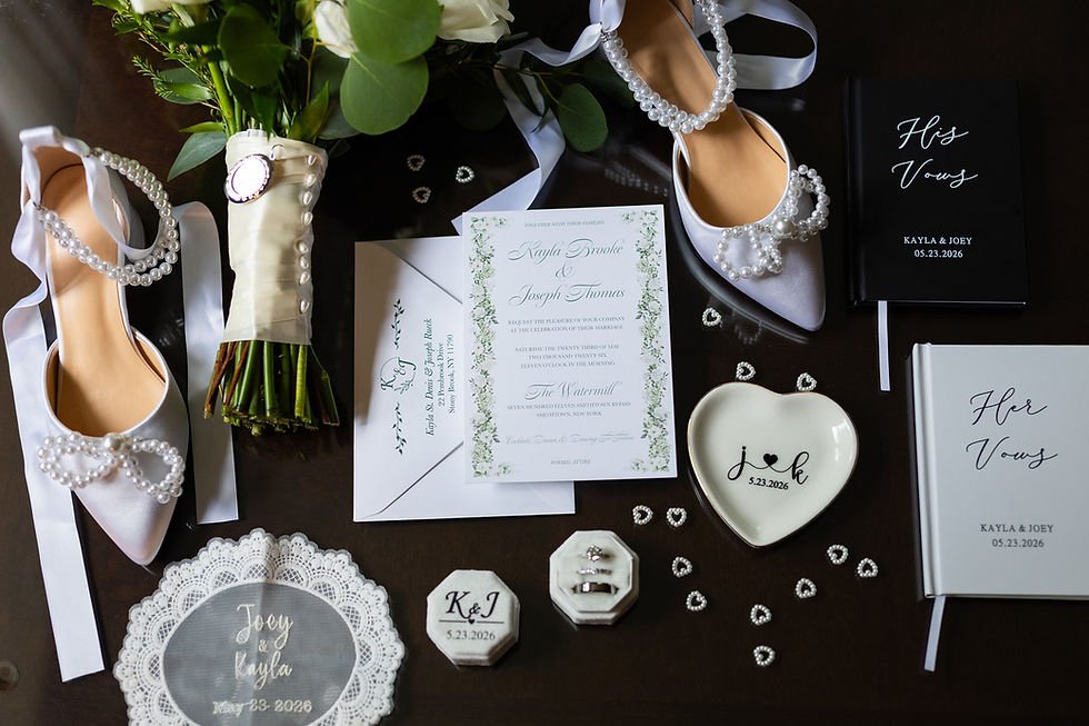 Flat lay image of wedding stationery