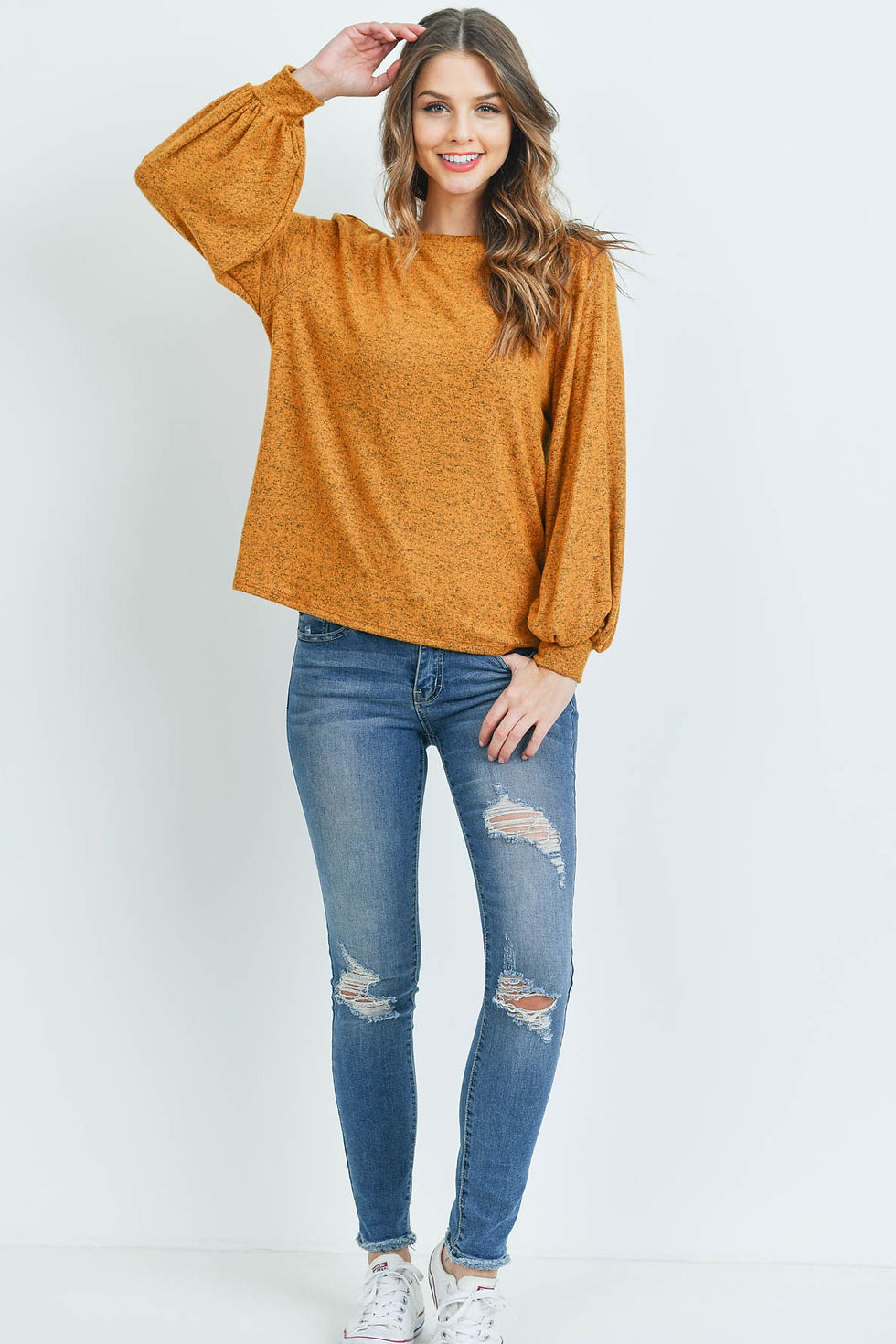 Thumbnail: Puff Sleeved Boat Neck Two Toned Brushed Hacci Top