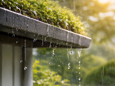 Nahaufnahme eines begrünten Daches, von dem bei leichtem Regen Wassertropfen über die Dachkante ablaufen. Das Regenwasser tropft in eine üppig bepflanzte Umgebung und verdeutlicht die natürliche Speicherung und Nutzung von Wasser im nachhaltigen Bauen.
