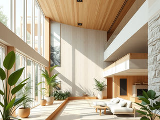 Modernes Wohnzimmer mit hohen Decken, großen Glasfenstern und stilvollen Holzelementen