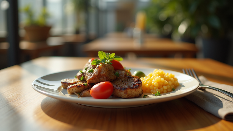 Eye-level view of a balanced meal on a wooden table