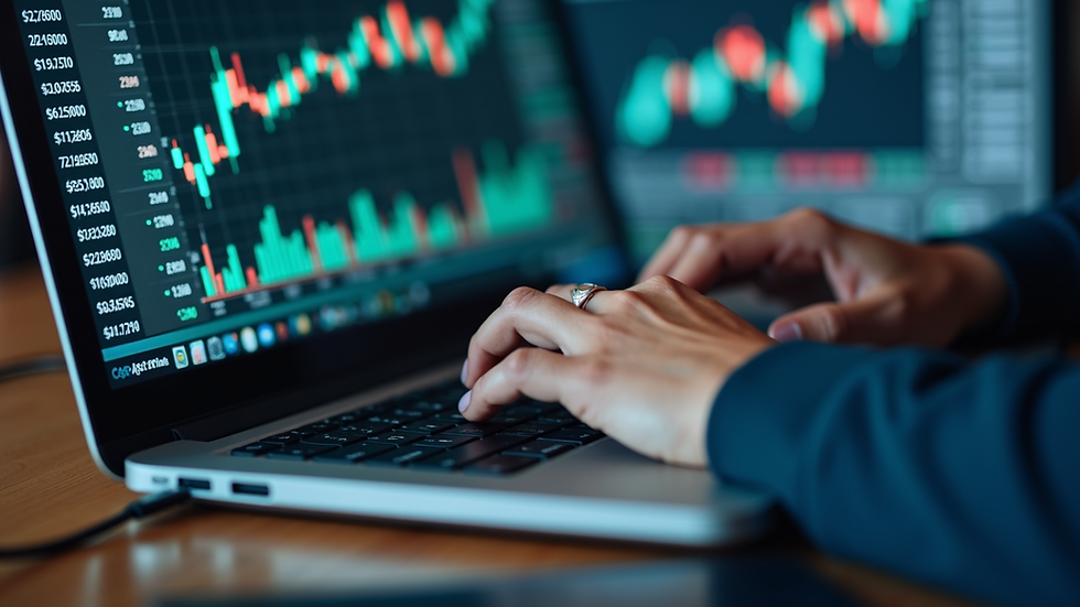 Eye-level view of a person analyzing stock market data on a laptop