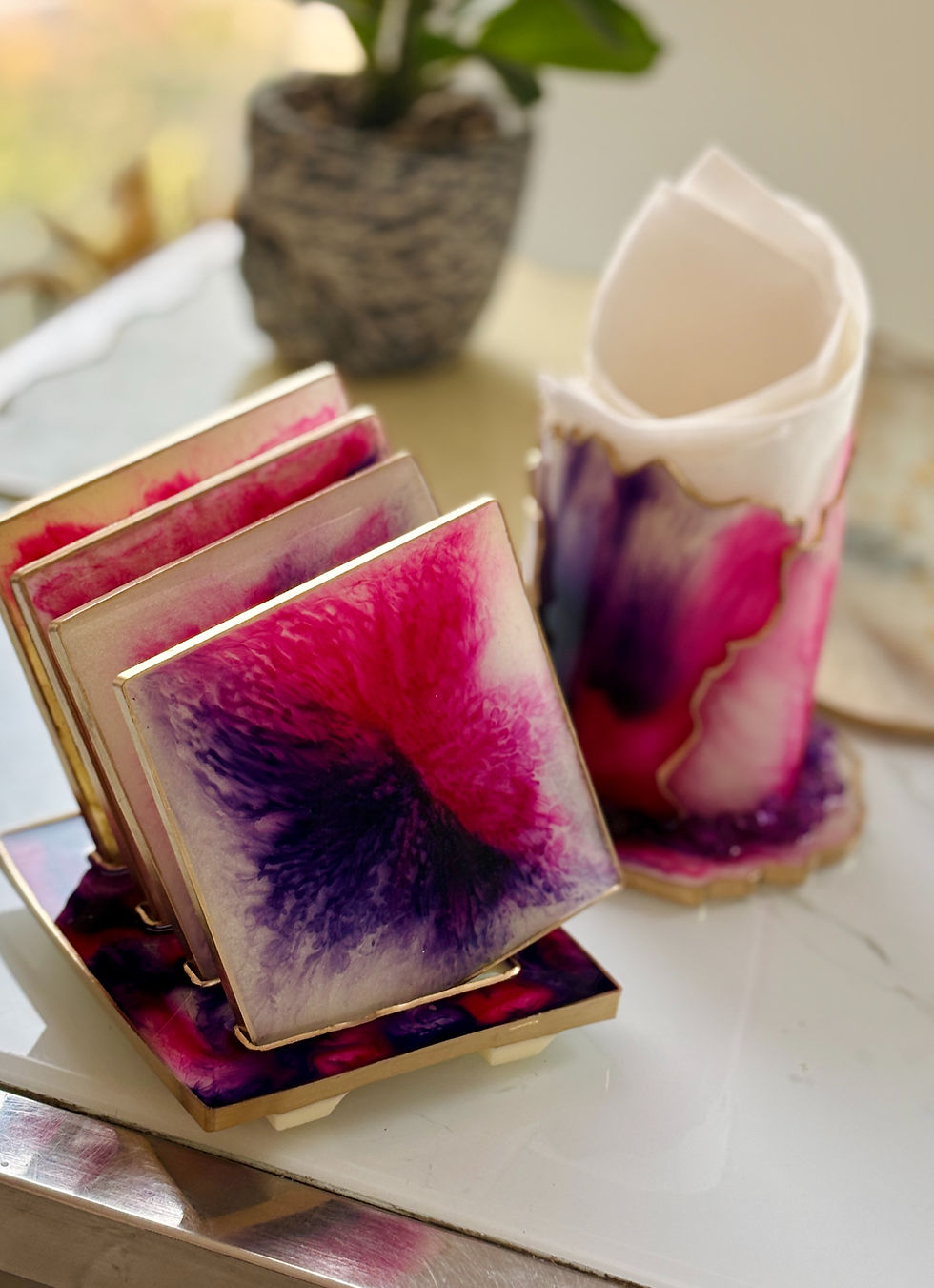 Thumbnail: Vibrant Resin Coaster Set of 4 with stand and tissue holder