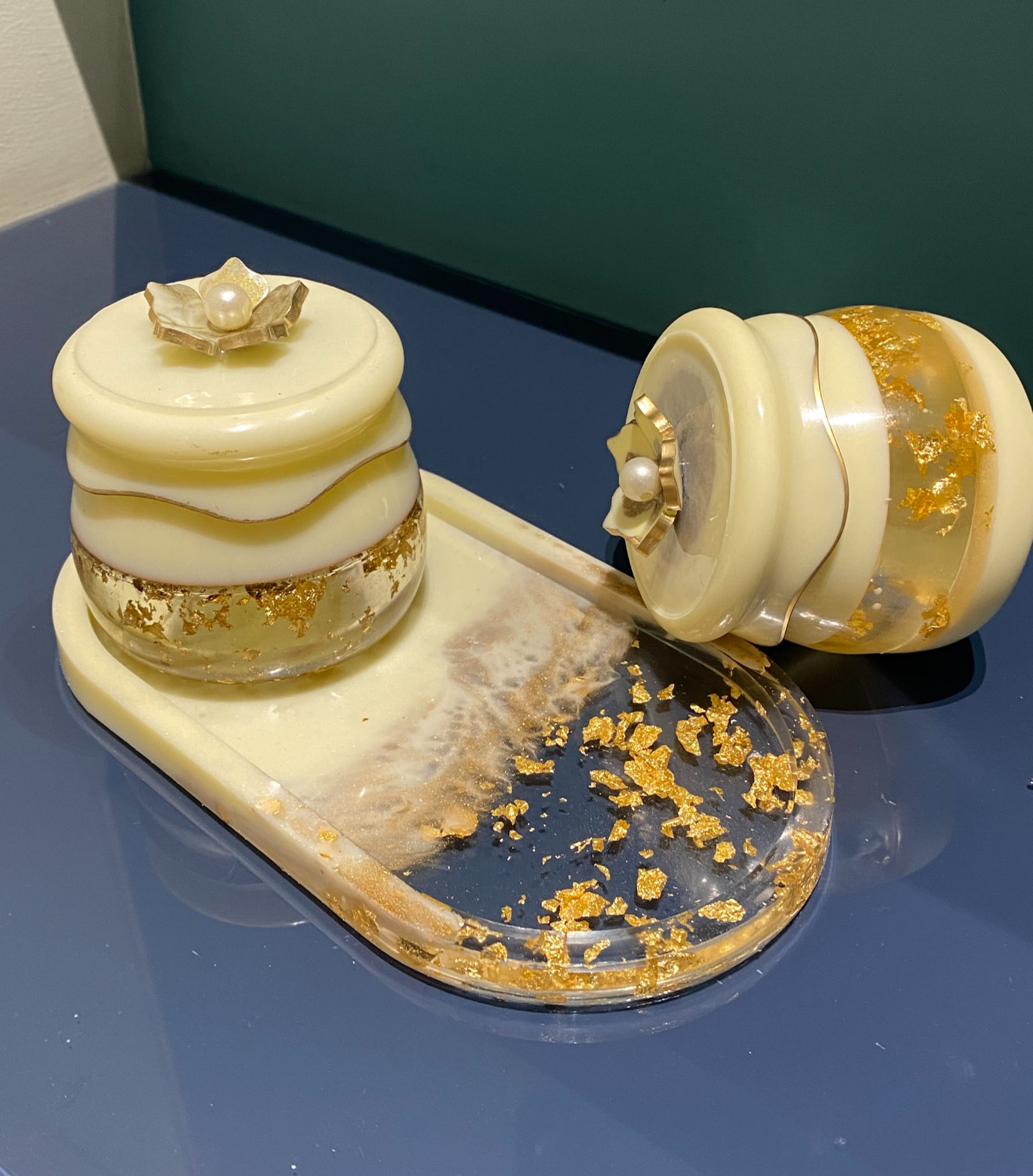 Gold Petal Storage Jars with Tray Set