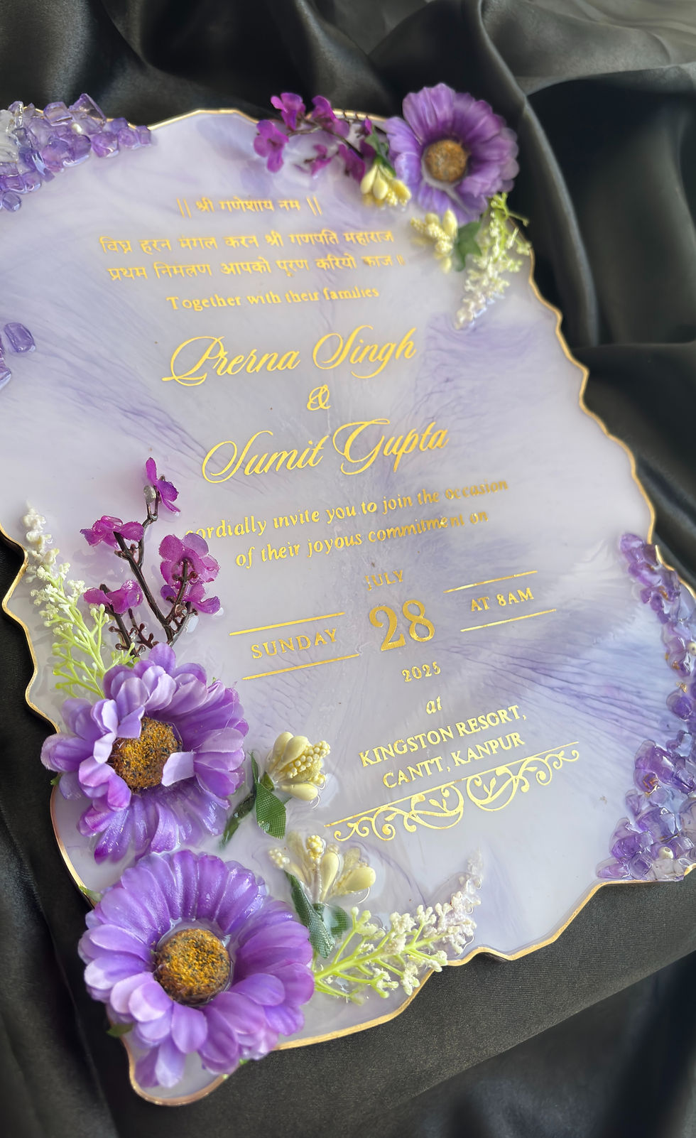 Thumbnail: Personalised portrait wedding invite with gold metal stand