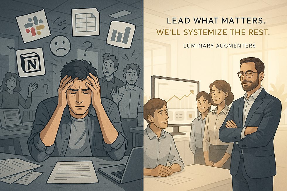 Split-screen illustration of a stressed startup founder buried in tasks and team confusion on the left, contrasted with a clear, systemized workflow and a fractional COO guiding strategy on the right—highlighting the value of operational clarity and Luminary Augmenters' scalable solutions.