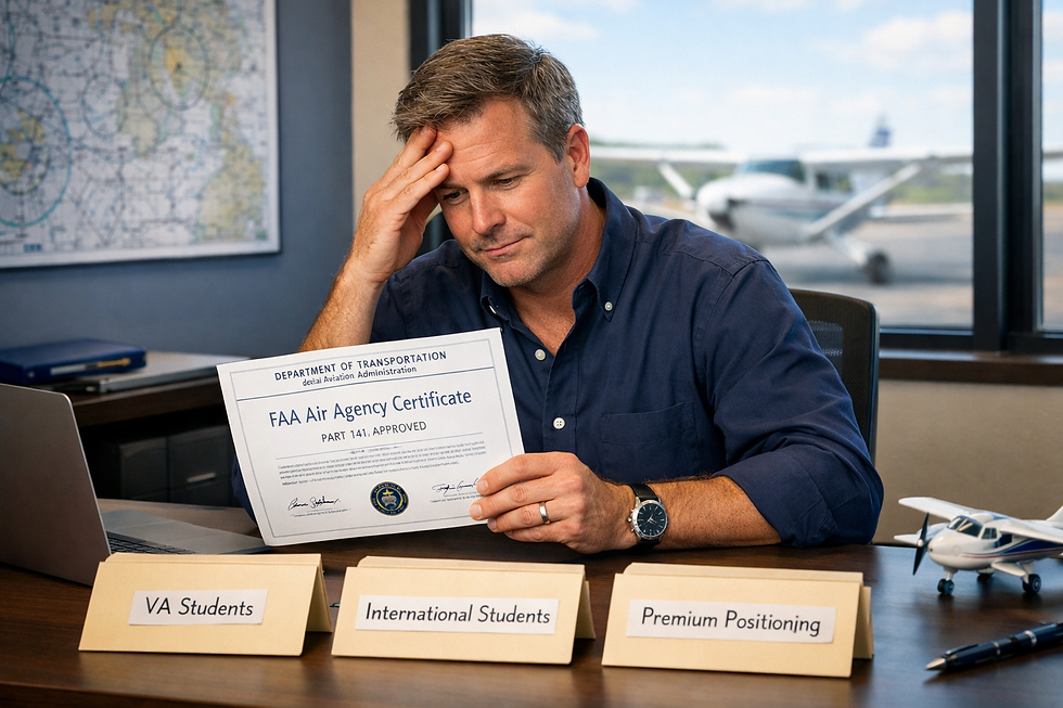 Flight school owner holding FAA Part 141 Air Agency Certificate while contemplating post-certification strategic growth options including VA students and international student recruitment