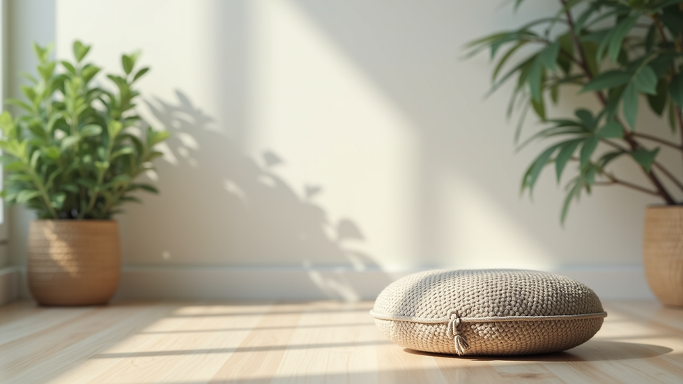 Eye-level view of a calm workspace with a small plant and a meditation cushion