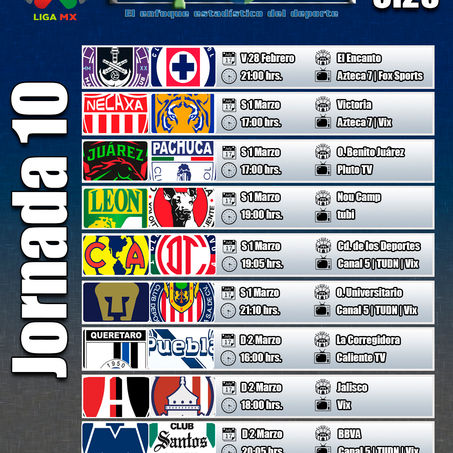 LISTA PARA JUGARSE LA JORNADA 10 DEL FÚTBOL MEXICANO.