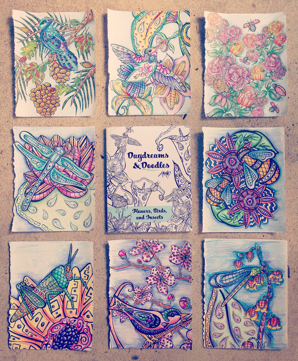 Floral, bird, and insect examples from Kat Ford's "Daydreams and Doodles" coloring books.
