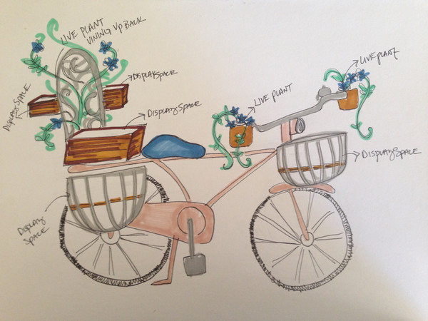Mock up sketch of Kat Ford freelance production design work, creating a floral bike display prop, for Chrome Hearts in their Miami location.