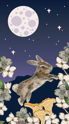 A rabbit made of painted distressed tin is surrounded by forest flowers under a graphically illustrated moon and stars.