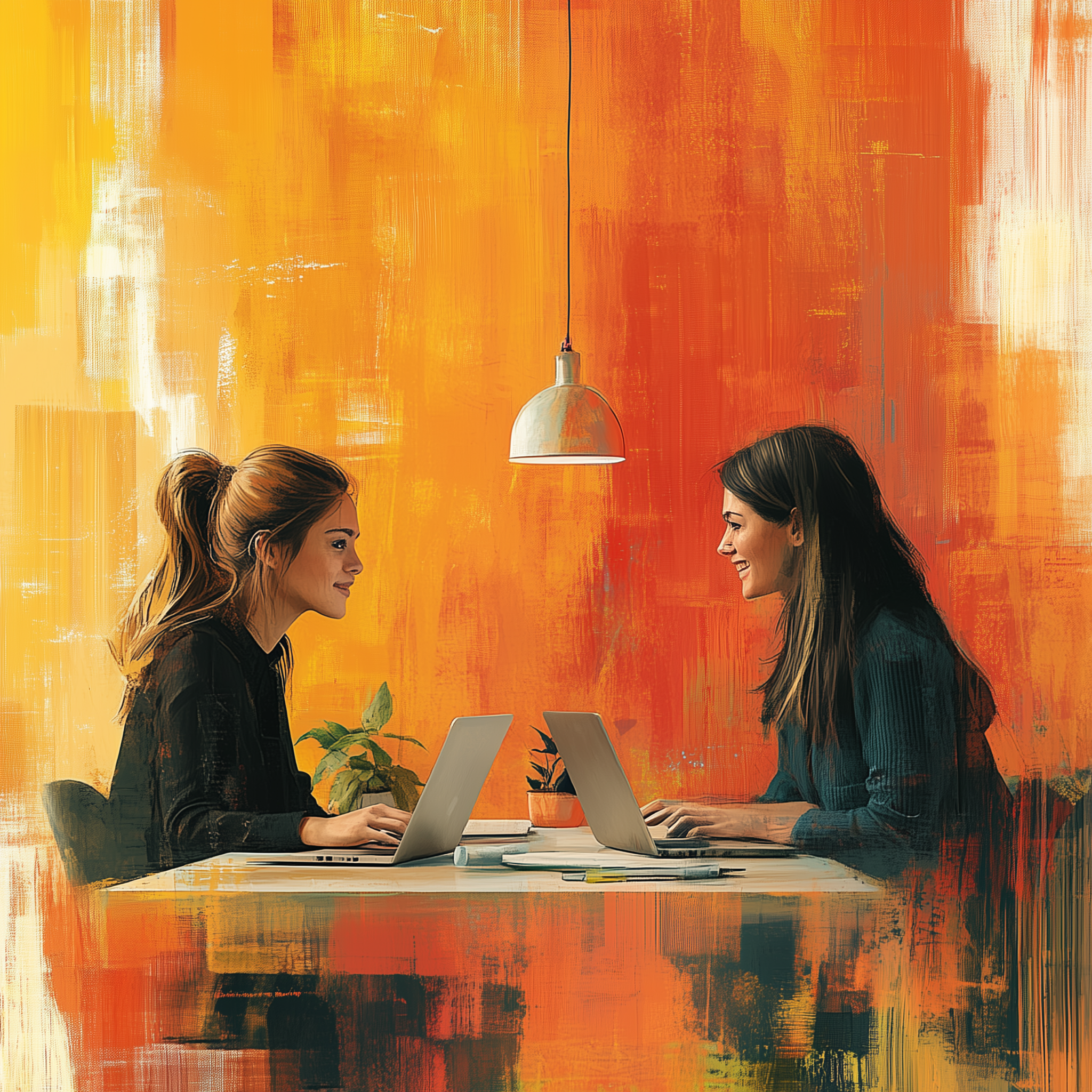 Two women in a professional setting, sitting across from each other with laptops, engaged in an adhd business consulting session against a vibrant orange background.