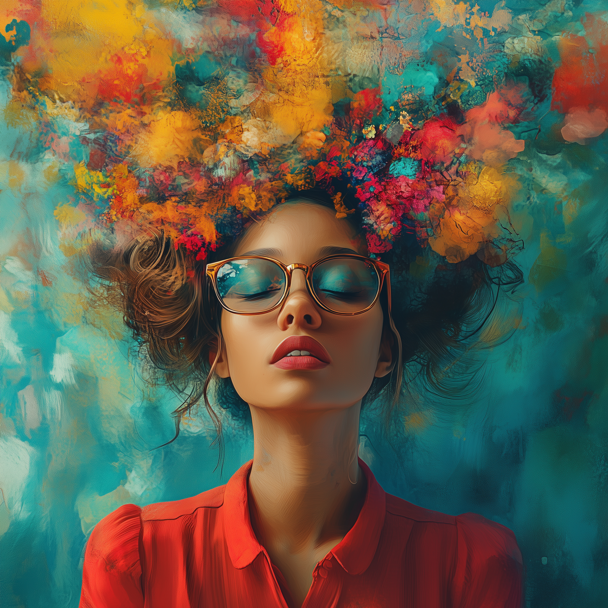 Woman wearing glasses with colorful, abstract thoughts swirling above her head, symbolizing creativity and strategic planning for ADHD