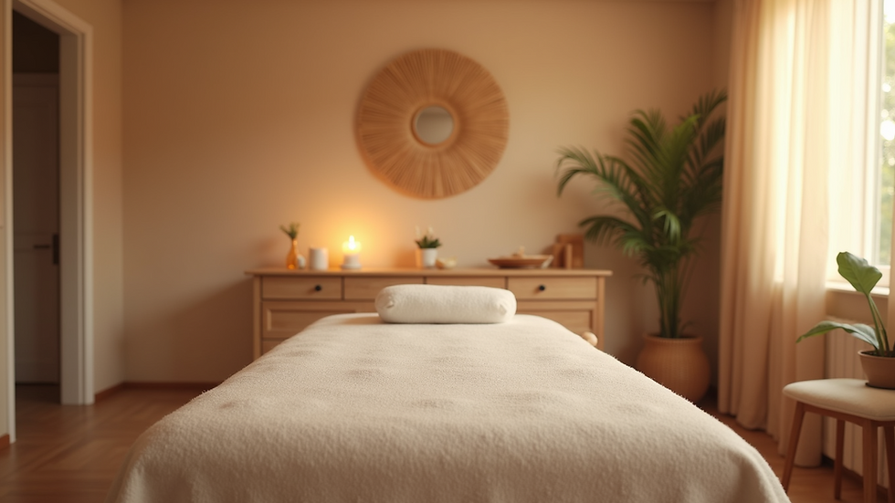 Eye-level view of a tranquil massage room with soft lighting and calming decor