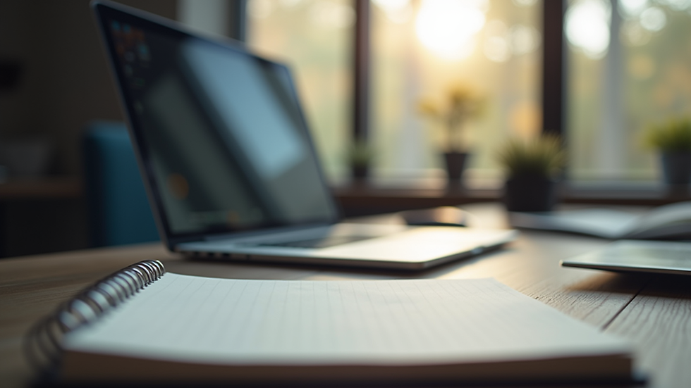 Eye-level view of a modern workspace with a laptop and notepad