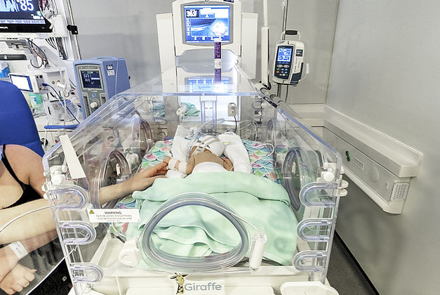 Baby in neonatal incubator cot