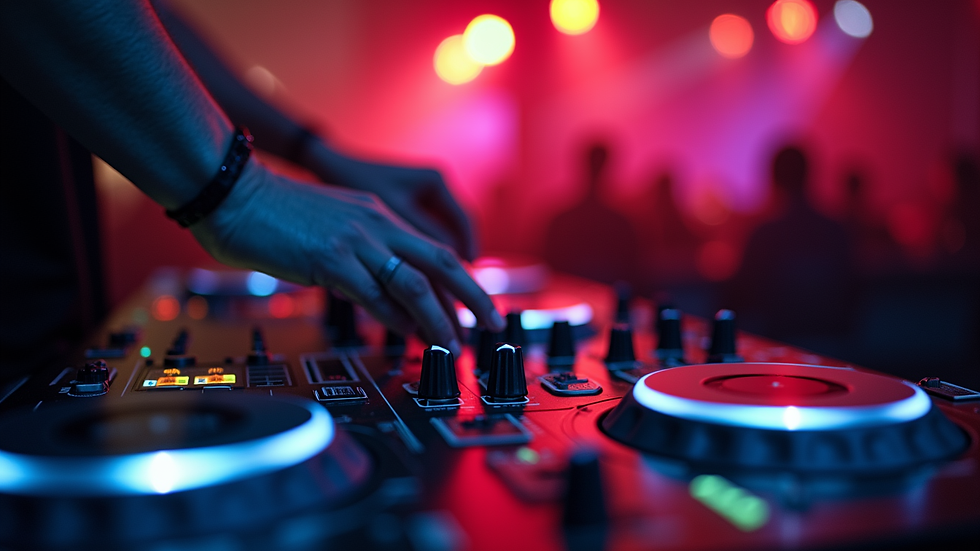 Close-up view of DJ controller and mixer at an event