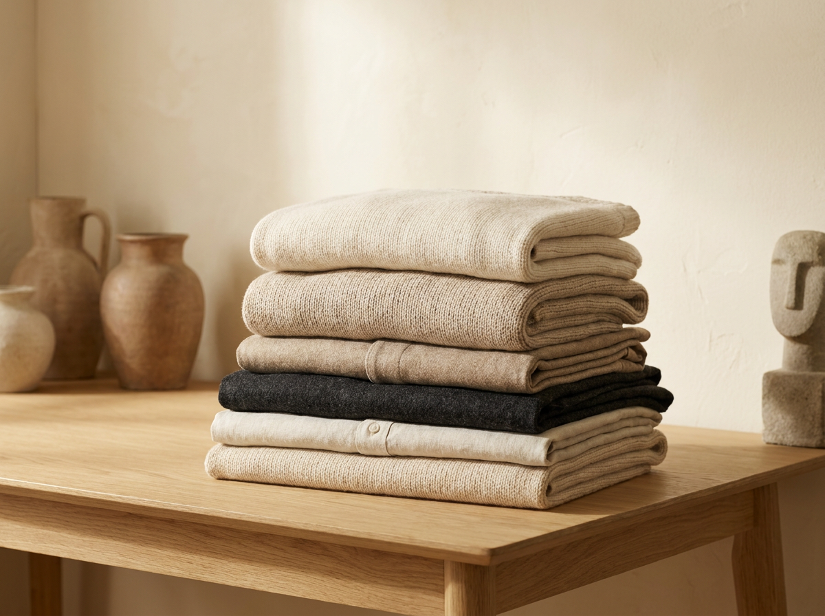 Folded garments in ivory, stone, and ink on an oak surface