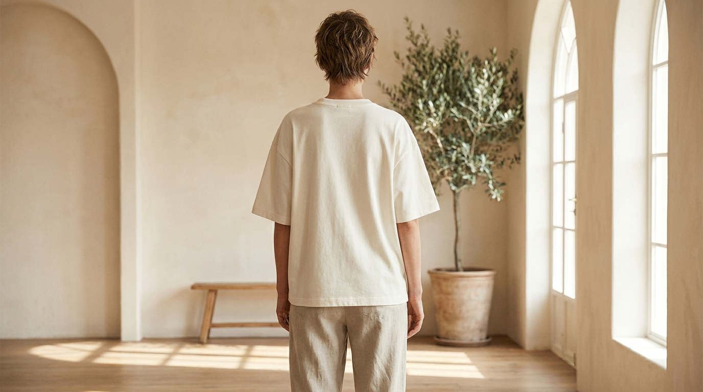 A person in an ivory tee and stone trousers in a bright minimal room