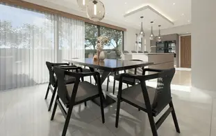 Modern open-plan residential interior in Saddleworth with bespoke finishes and integrated architectural lighting by CavernAi.