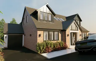 Modern dormer bungalow transformation in Springhead featuring symmetrical gables and red brick finishes by CavernAi.
