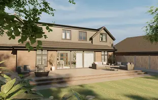 Architectural reconfiguration of a suburban house in Saddleworth showcasing modern composite cladding and verticality by CavernAi.